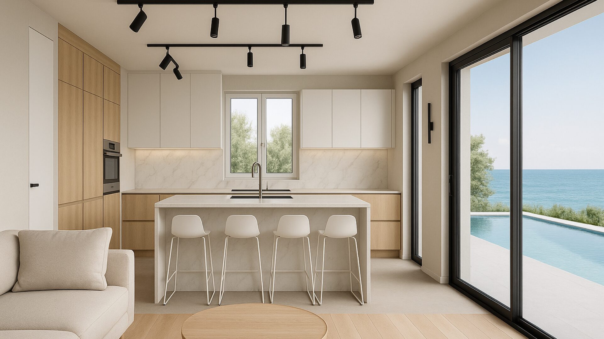 open plan white kitchen pool and sea view