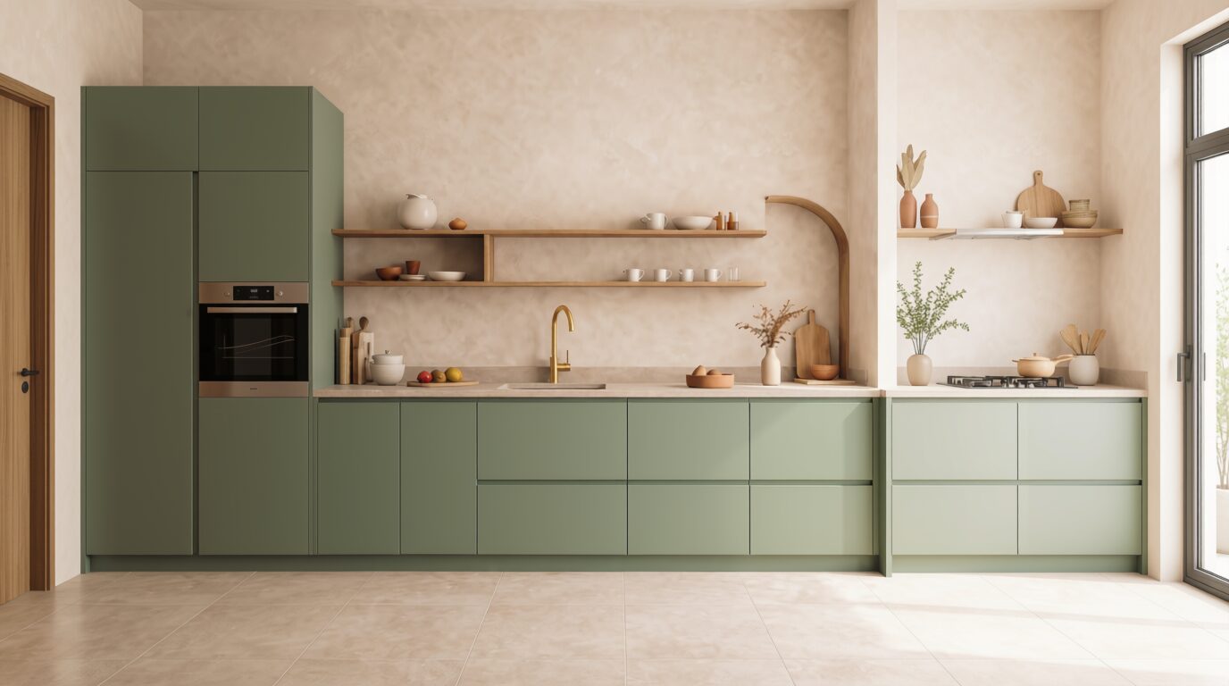 sage green kitchen modern minimalist natural wood tiarohomes interior design